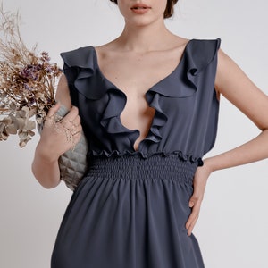 Ruffle Dark Blue A line Georgette Silk Jumpsuit with smocking detailed elastic waist band