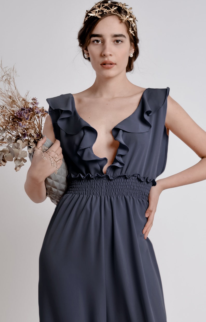 Ruffle Dark Blue A line Georgette Silk Jumpsuit with smocking detailed elastic waist band