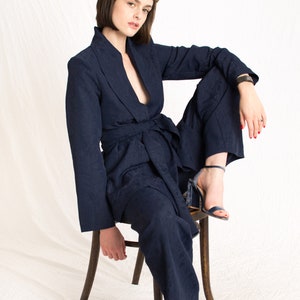 navy blue patterned relaxed fit blazer with wrap around belt