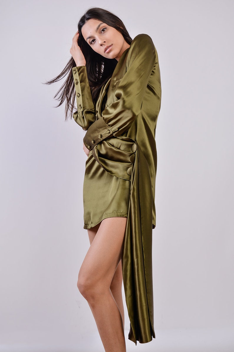 Olive green mini satin dress