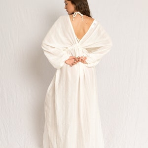 White caftan maxi beach dress with V neckline and middle slit