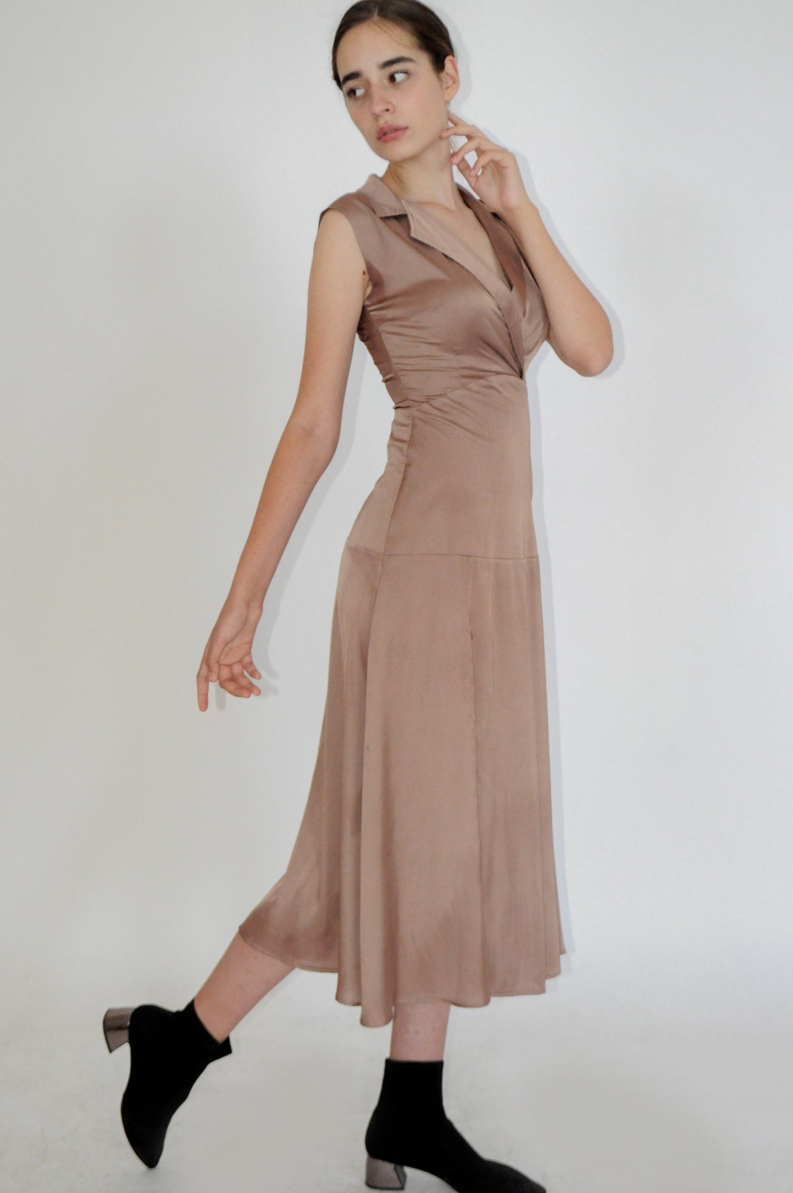 Caramel brown sleeveless silk satin shirt dress with side slit | Etsy