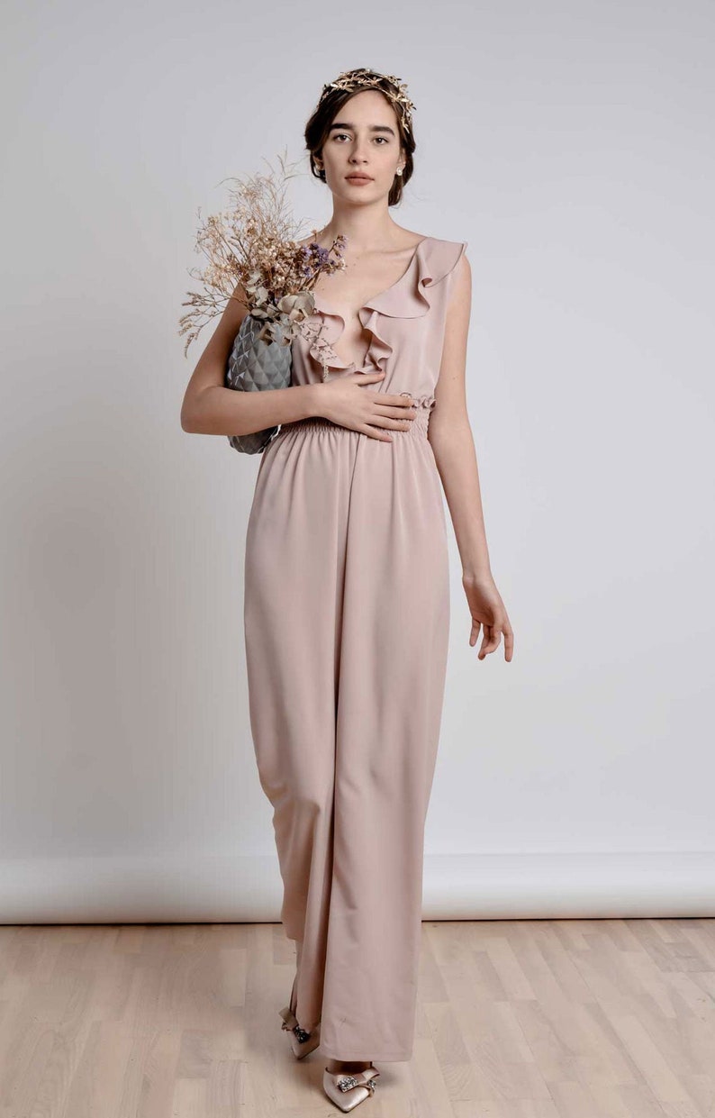 Ruffle Salmon Pink A line Georgette Silk Jumpsuit with smocking detailed elastic waist band