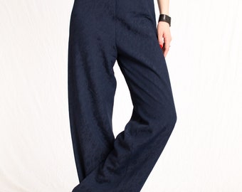 Navy blue floral embossed relaxed fit elastic waist pants