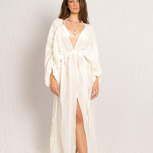 White caftan maxi beach dress with V neckline and middle slit