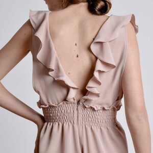 Ruffle Salmon Pink A line Georgette Silk Jumpsuit with smocking detailed elastic waist band