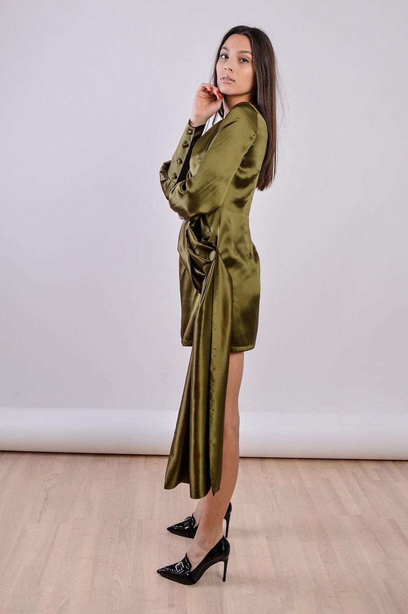 Olive green mini satin dress