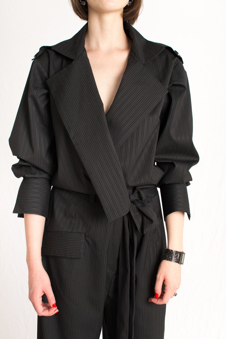 Custom made black striped plunging neckline detachable belt jumpsuit