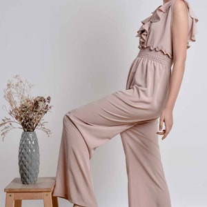 Ruffle Salmon Pink A line Georgette Silk Jumpsuit with smocking detailed elastic waist band