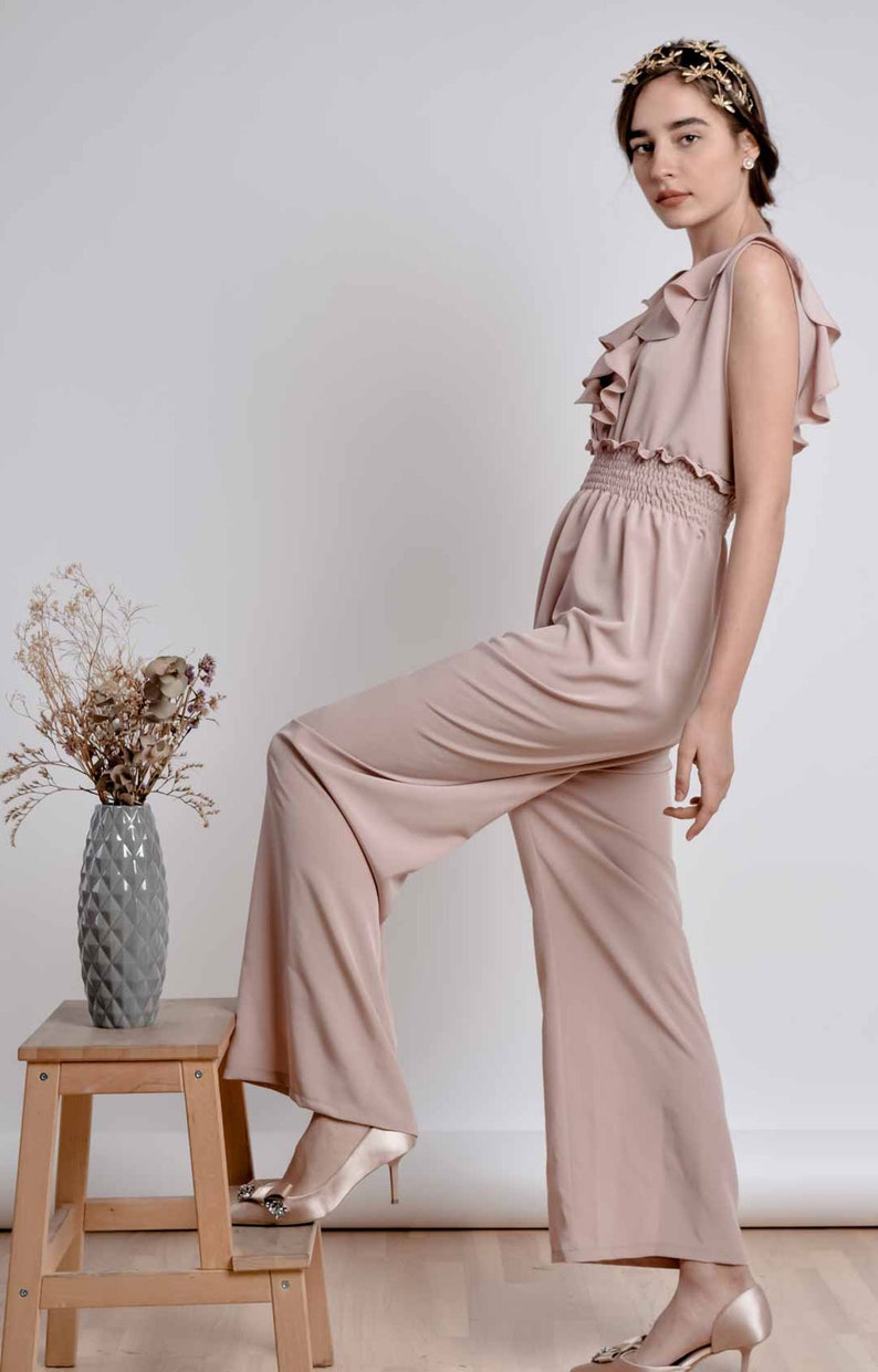 Ruffle Salmon Pink A line Georgette Silk Jumpsuit with smocking detailed elastic waist band