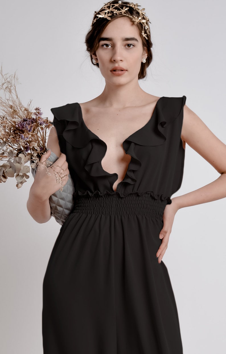 Ruffle Black A line Georgette Silk Jumpsuit with smocking detailed elastic waist band