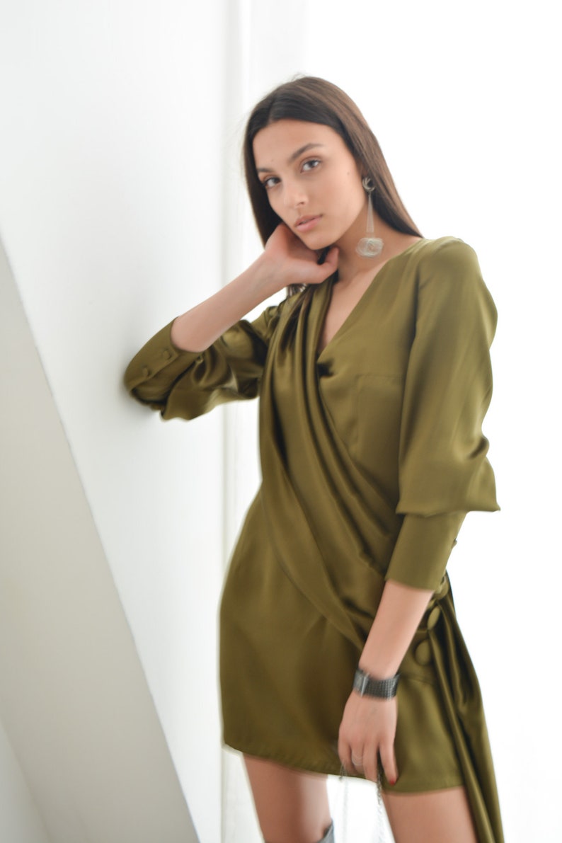 Olive green mini satin dress