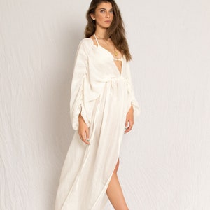 White caftan maxi beach dress with V neckline and middle slit