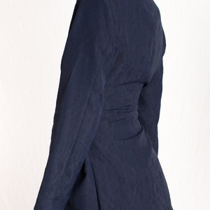 navy blue patterned relaxed fit blazer with wrap around belt