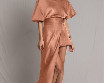 Asymmetric satin silk dress with short wide sleeves and cowl neckline