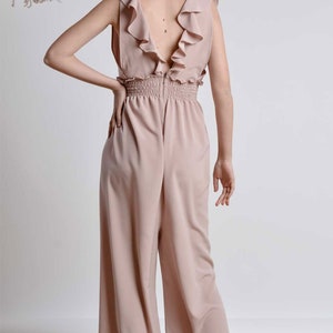 Ruffle Salmon Pink A line Georgette Silk Jumpsuit with smocking detailed elastic waist band