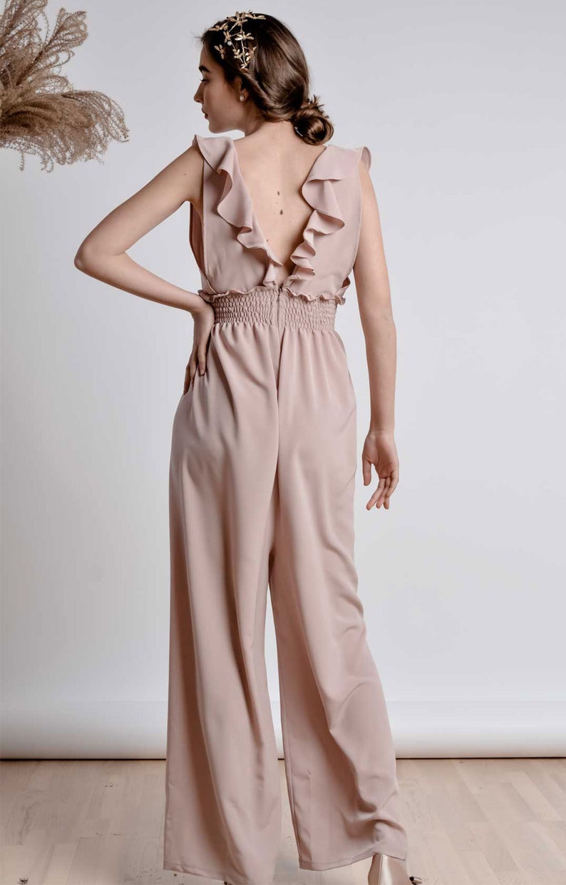 Ruffle Salmon Pink A line Georgette Silk Jumpsuit with smocking detailed elastic waist band