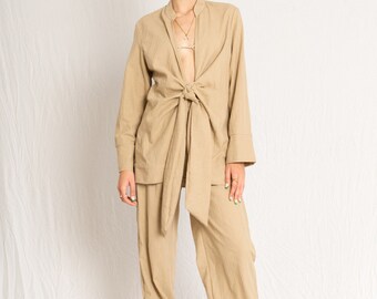 Beige beach set, front-tie loose shirt and high waist wide pants