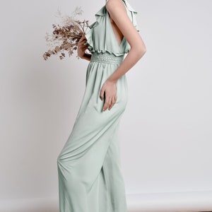 Ruffle Mint A line Georgette Silk Jumpsuit with smocking detailed elastic waist band