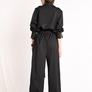 Custom made black striped plunging neckline detachable belt jumpsuit