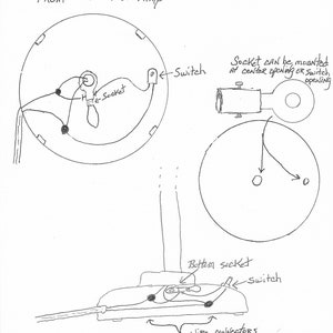 May include: Hand-drawn diagram showing the wiring for a lamp with a switch and socket. The diagram shows the socket can be mounted at the center opening or the switch opening. The diagram also shows the bottom socket and wire connectors.