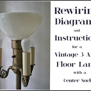 May include: Vintage floor lamp with a white, textured shade and three arms. The lamp has a brass-colored base and cream-colored candle covers. The text on the right reads "Rewiring Diagrams and Instructions for a Vintage 3 Arm Floor Lamp with a Center Socket."