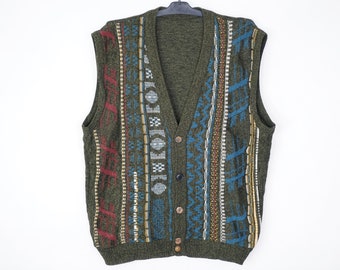 vintage Crazy Pattern Tricoté Gilet Cardigan Taille M L (54) Tricots Oldschool True Vintage années 90