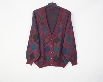 Vintage Bueckle Men's Crazy Pattern Cardigan Sweater Size M L (54) Knitwear Oldschool 90s