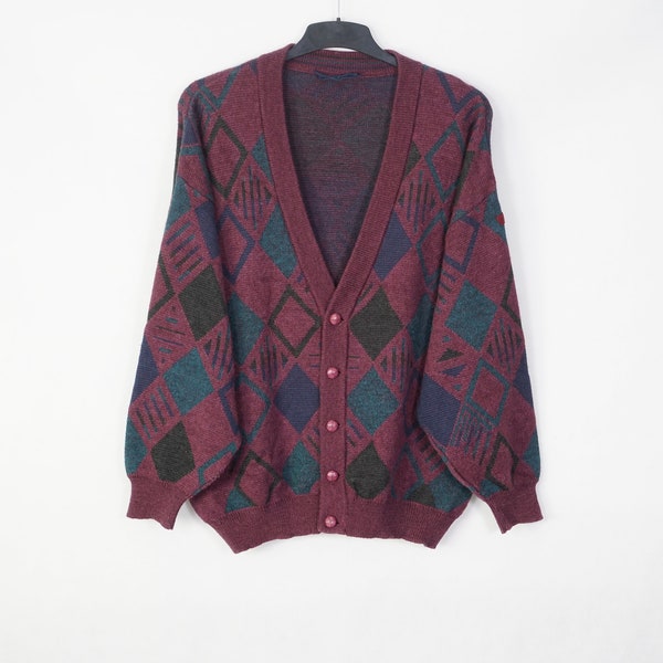 Vintage Bueckle Men's Crazy Pattern Cardigan Sweater Size M L (54) Knitwear Oldschool 90s