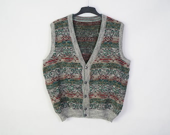 vintage Coloré Tricoté Gilet Cardigan Cardigan Taille M L (52) Oldschool Vrai Vintage des années 90