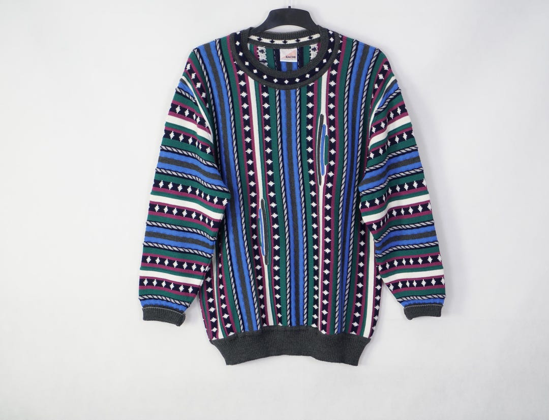 Vintage Bache Coogi Style Coloré Crazy Pattern Tricot Pull Taille M XL ...