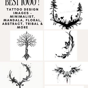 May include: A collection of ten black and white tattoo design images. The images include a mandala, a tree, a bird, a deer antler, a lion, a geometric design, and a forest scene.