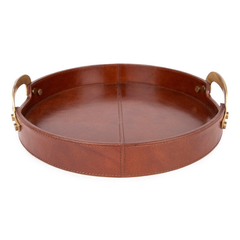 Leather Serving Tray with Brass Handles for Coffee Table Top Decor Round Tray Luxury Personalized Unique Wedding Gifts 