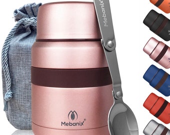 Mebanix Food Flask Hot Food Cold Food | Soup 400ml Stainless Steel Vacuum Insulated Leakproof with foldable Spoon and Bag | Adults and Kids