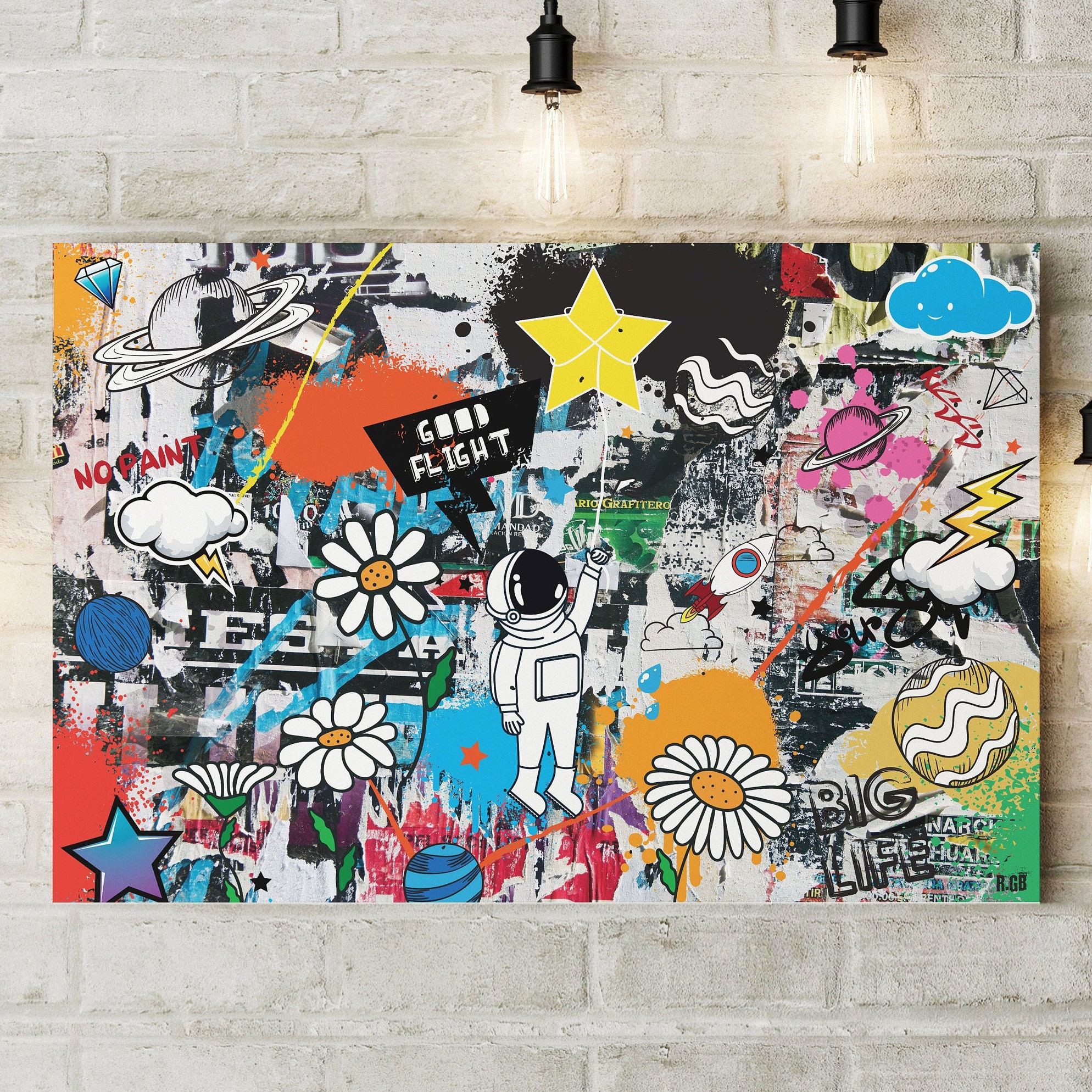 120x80cm - Impression sur Toile Tableau Street Art Graffiti Cosmonaute, Space
