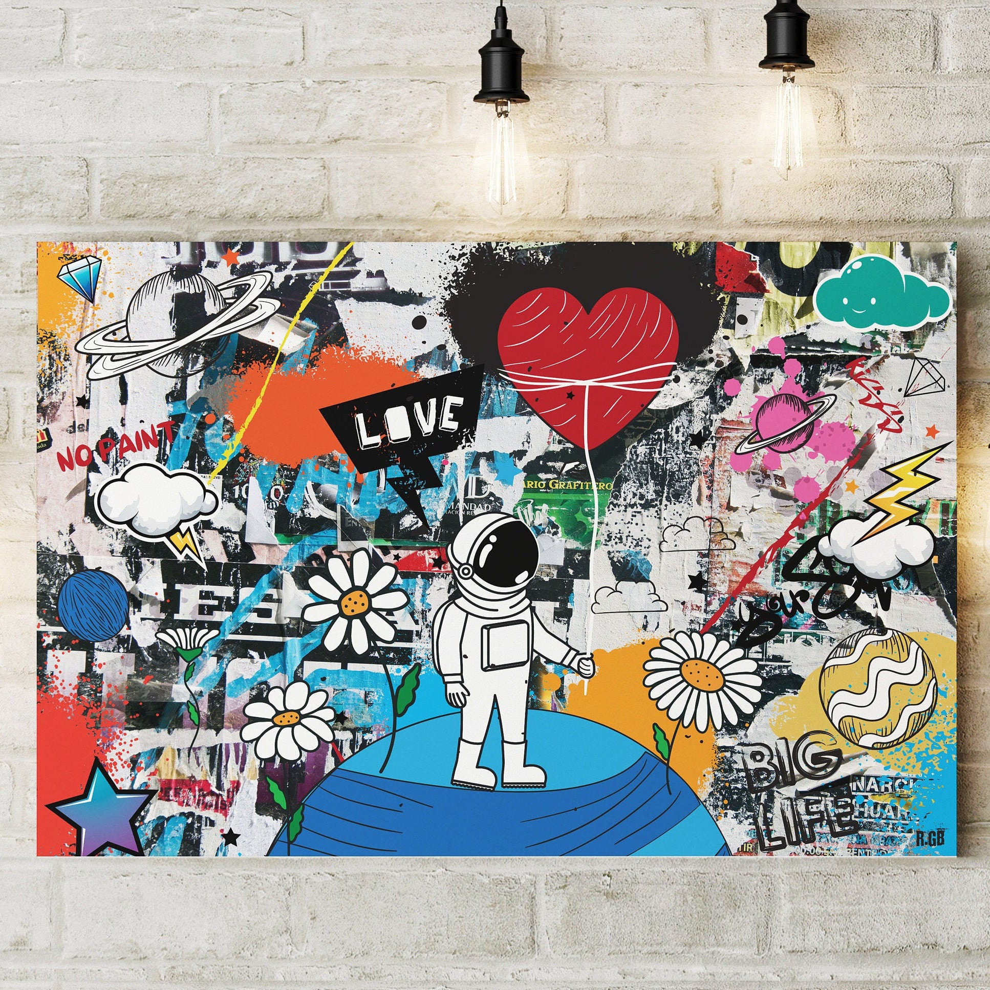 120x80cm - Impression sur Toile Tableau Street Art Graffiti Cosmonaute