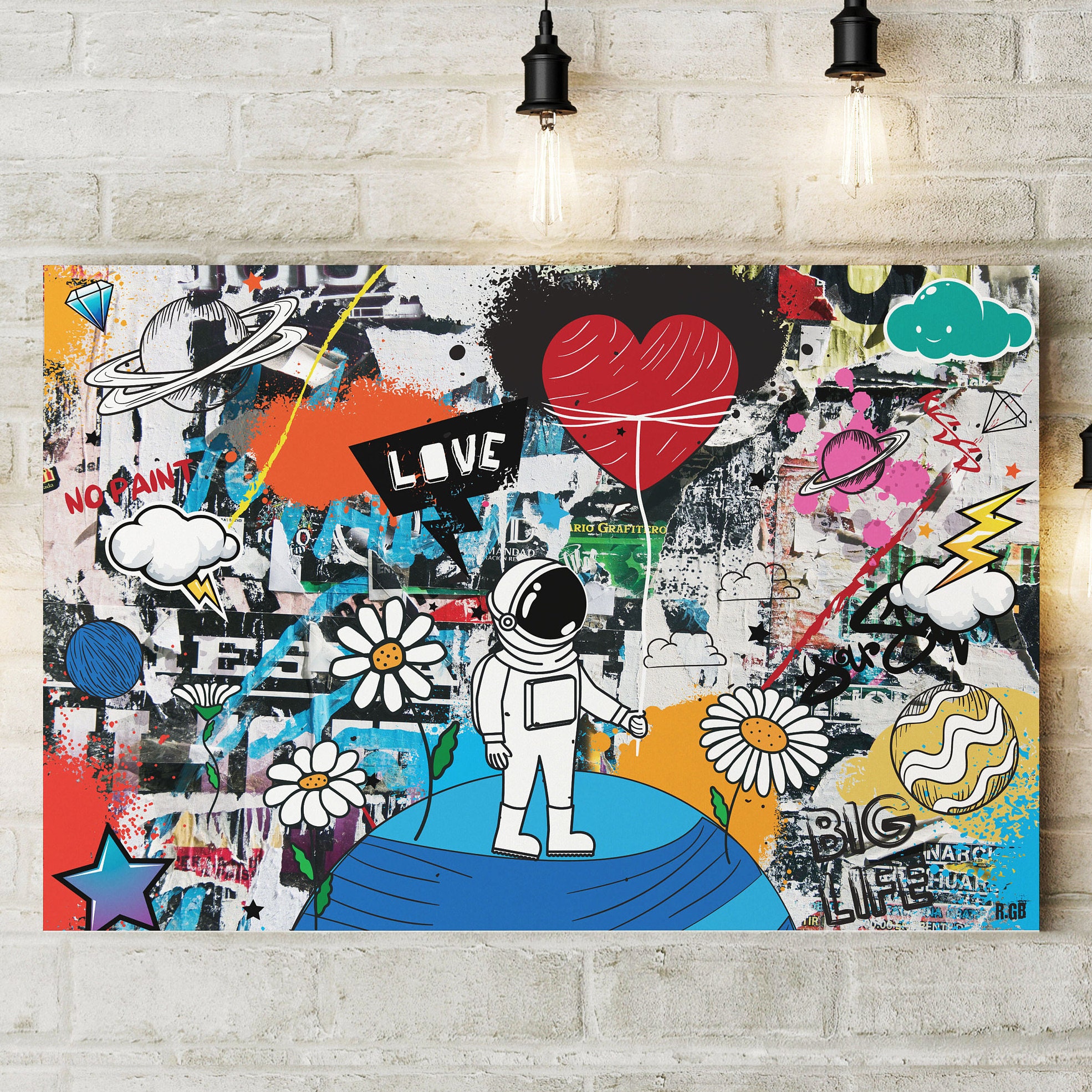 90x60cm - Impression sur Toile Tableau Street Art Graffiti Cosmonaute