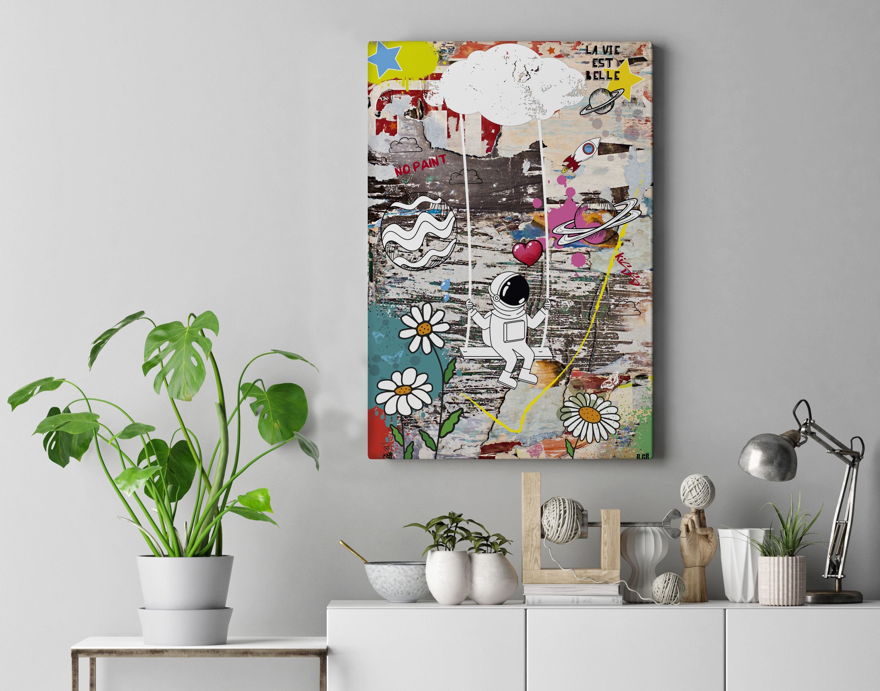 80x120cm - Impression sur Toile Tableau Street Art Graffiti Cosmonaute