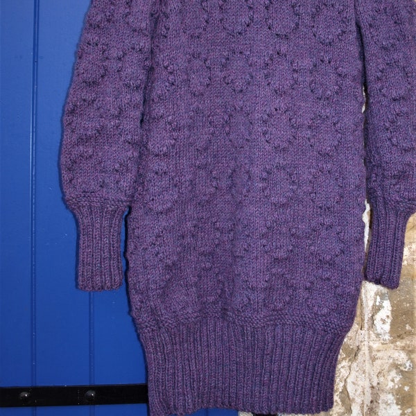 knitted dress hand pure wool circles in purple relief