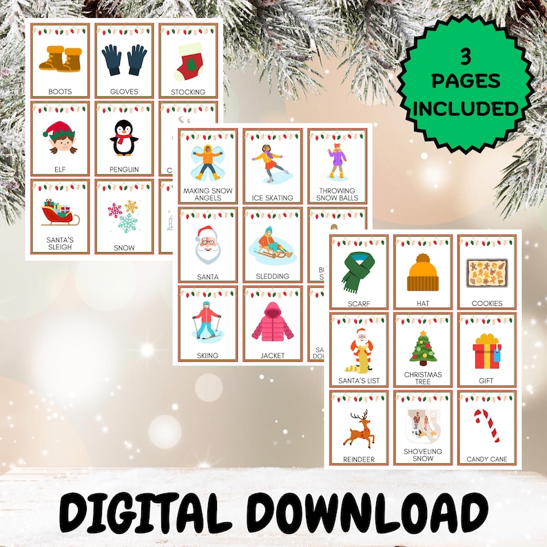 Christmas Charades for Kids with Picture Clues, Kids Christmas Games for Young Children, Kids Christmas Activities, Printable Christmas Activity for Kids