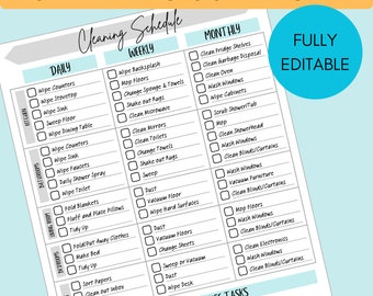 Editable Cleaning Schedule - Daily, Weekly and Monthly Cleaning Checklist and Chore Chart for Adults