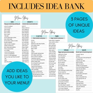 May include: A printable menu planner with a blue and teal background. The menu planner is divided into three sections: sides, desserts, and starters. Each section has a list of activities to do, such as listening to a podcast, watching TV, or stretching. The menu planner also includes a section for mains, specials, and salads.
