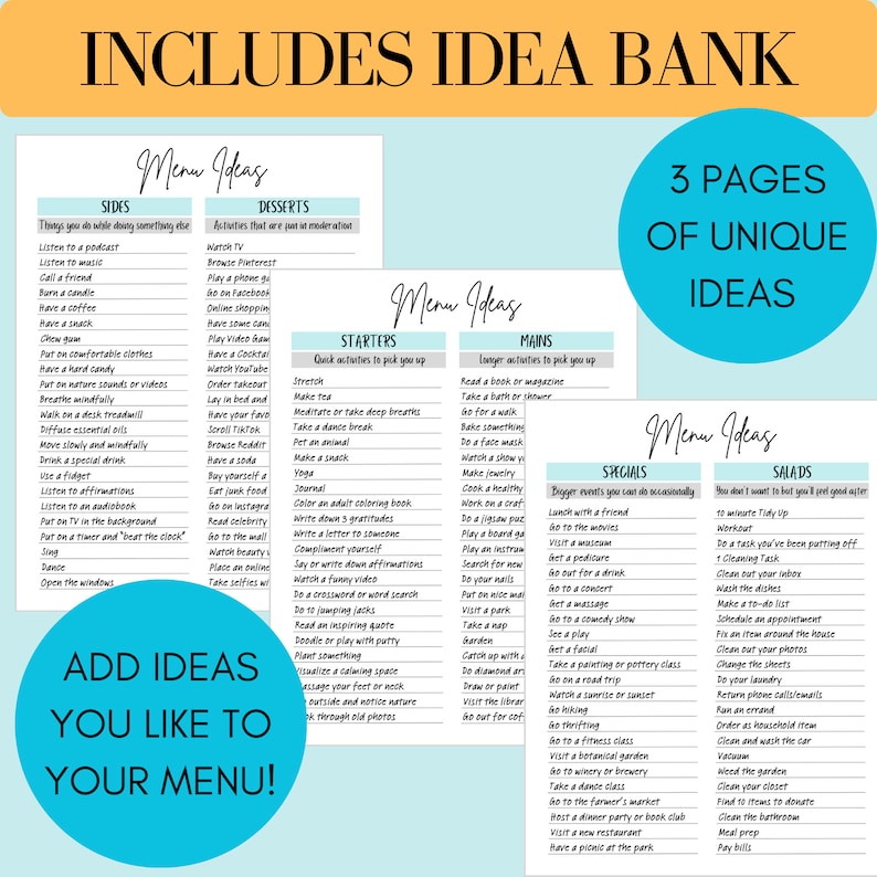 May include: A printable menu planner with a blue and teal background. The menu planner is divided into three sections: sides, desserts, and starters. Each section has a list of activities to do, such as listening to a podcast, watching TV, or stretching. The menu planner also includes a section for mains, specials, and salads.