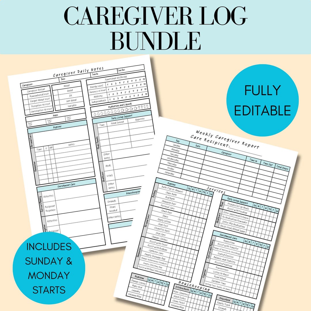 BUNDLE: Weekly Caregiver Checklist AND Daily Caregiver Log - Etsy