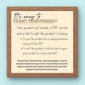 May include: A white board with a wooden frame, displaying instructions on how to edit a product. The text reads "It's easy to TO EDIT YOUR PRODUCT. Your product will include a PDF version and a link to edit the product in Canva. To use the product as is, simply download and print the PDF. To edit the product, click the link to open your product in Canva and edit! Please note: Some items, such as graphics, may be locked to improve ease of use. If you'd like to move or delete a locked item, simply click the lock icon that appears and the item will unlock."