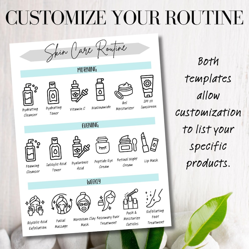 May include: A printable skin care routine checklist with black and white icons for different skin care products. The checklist is divided into three sections: Morning, Evening, and Weekly. The text "Customize Your Routine" is at the top of the page. The text "Both templates allow customization to list your specific products." is on the right side of the page.