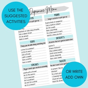 May include: A printable worksheet with a light blue and gray color scheme. The worksheet is titled "Dopamine Menu" and lists activities to do for boosting mood. The activities are categorized as "Boosters", "Sides", "Mains", "Desserts", "Specials", and "Salads".