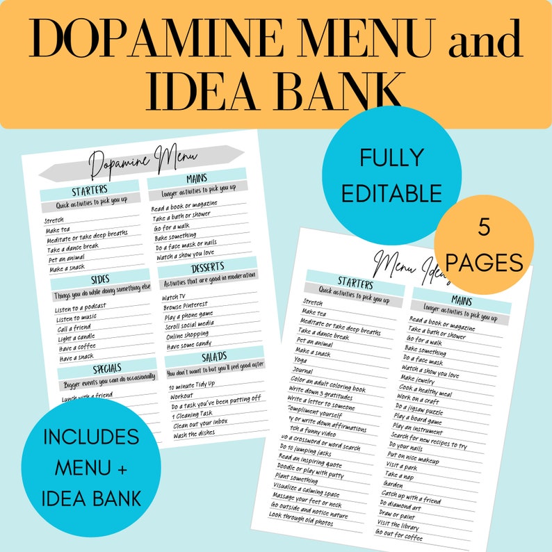 May include: A printable dopamine menu and idea bank with a blue and gray color scheme. The menu is divided into sections for starters, mains, sides, desserts, and specials. The idea bank is divided into sections for starters and mains. The text "FULLY EDITABLE" and "5 PAGES" is displayed in a circle.