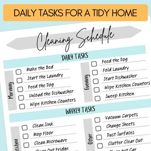 Daily tasks to keep your house clean and tidy checklist chart. Morning and evening cleaning and tidying routine.