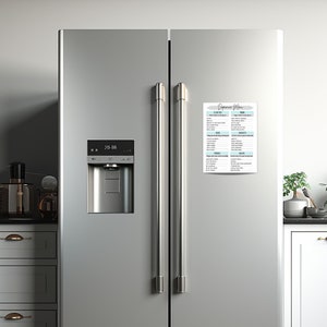 May include: A white refrigerator with a digital display and a water dispenser. A white magnetic notepad with the text "Dinner Menu" is attached to the refrigerator door. The notepad lists various meal options, including "Breakfast", "Lunch", "Dinner", "Snacks", "Drinks", "Sides", and "Desserts".